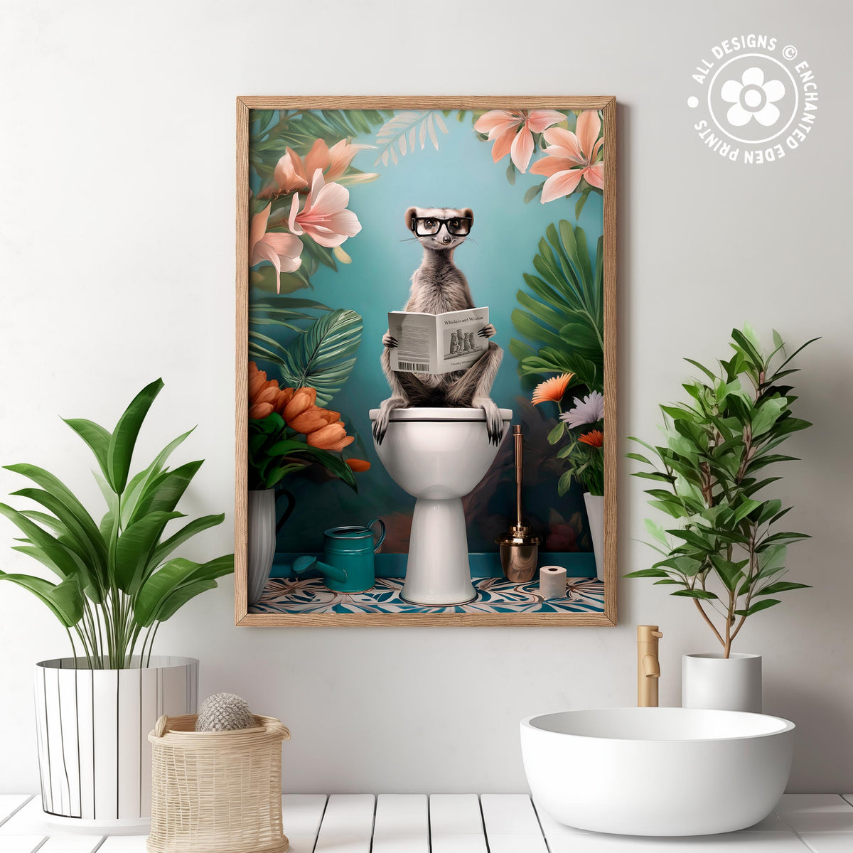 a whimsical scene of a cat sitting on a toilet and reading a newspaper, surrounded by tropical plants and flowers.