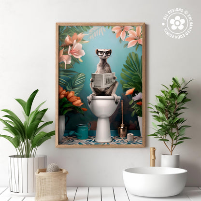 a whimsical scene of a cat sitting on a toilet and reading a newspaper, surrounded by tropical plants and flowers.