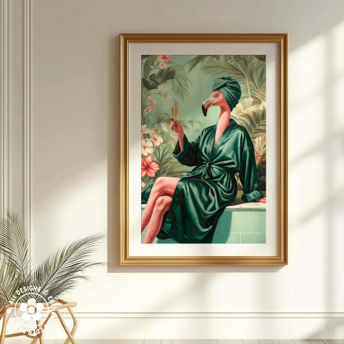A framed painting depicting a person in a green bathrobe holding a glass of champagne, surrounded by tropical foliage.