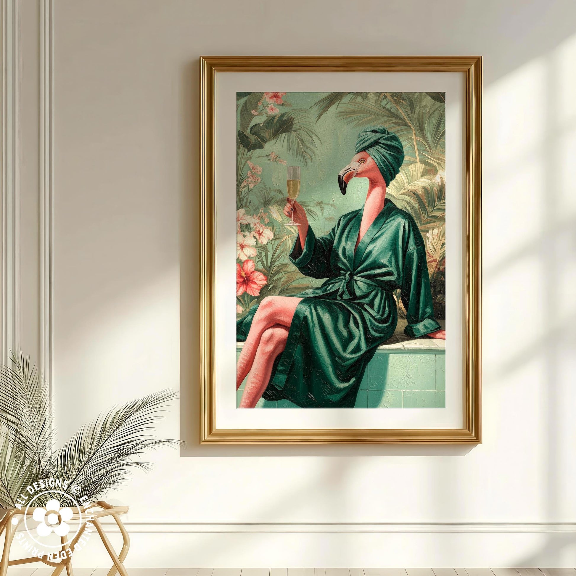 A framed painting depicting a person in a green bathrobe holding a glass of champagne, surrounded by tropical foliage.