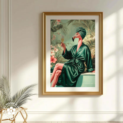 A framed painting depicting a person in a green bathrobe holding a glass of champagne, surrounded by tropical foliage.