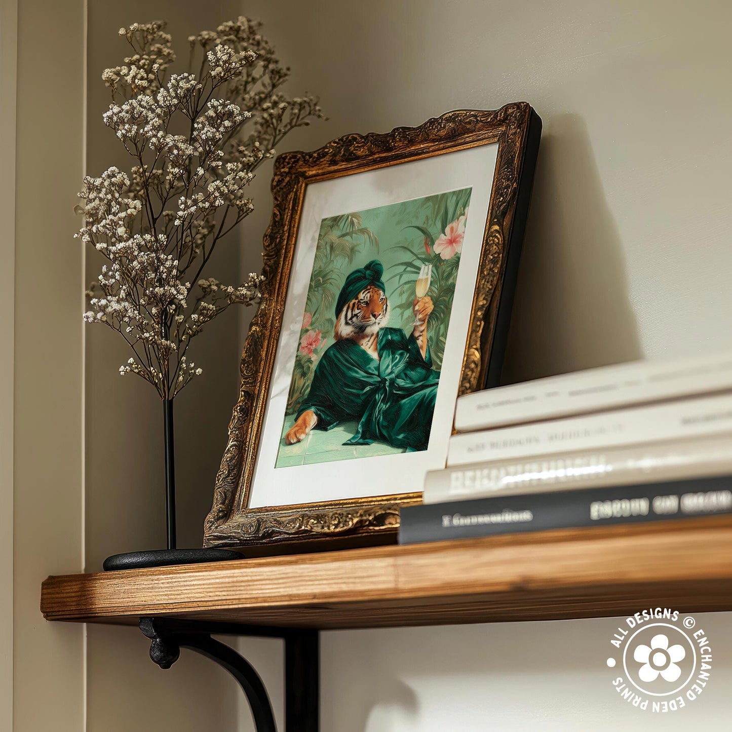 a wooden shelf displaying a framed painting of a tiger, a vase with white flowers, and a stack of books.