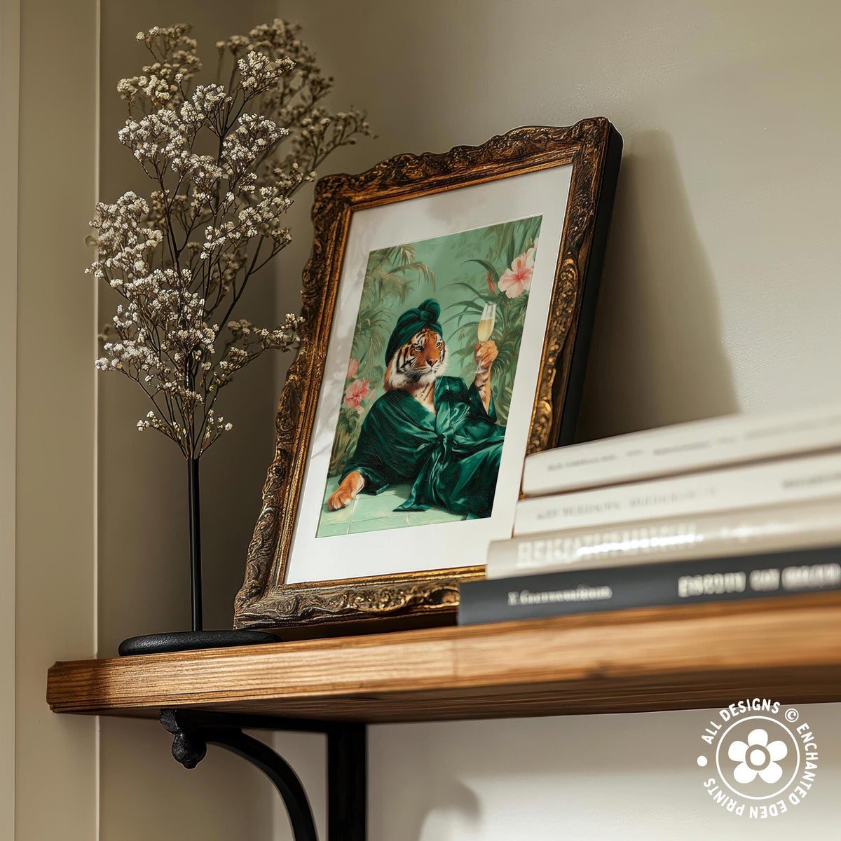 a wooden shelf displaying a framed painting of a tiger, a vase with white flowers, and a stack of books.