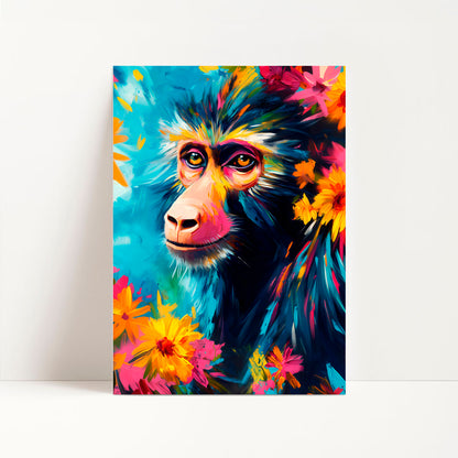 a painting of a monkey surrounded by flowers