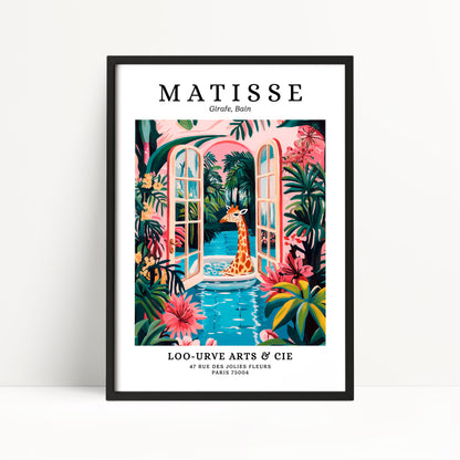 The image is a framed poster featuring an illustration of a giraffe in a tropical setting, surrounded by colorful flowers and foliage.