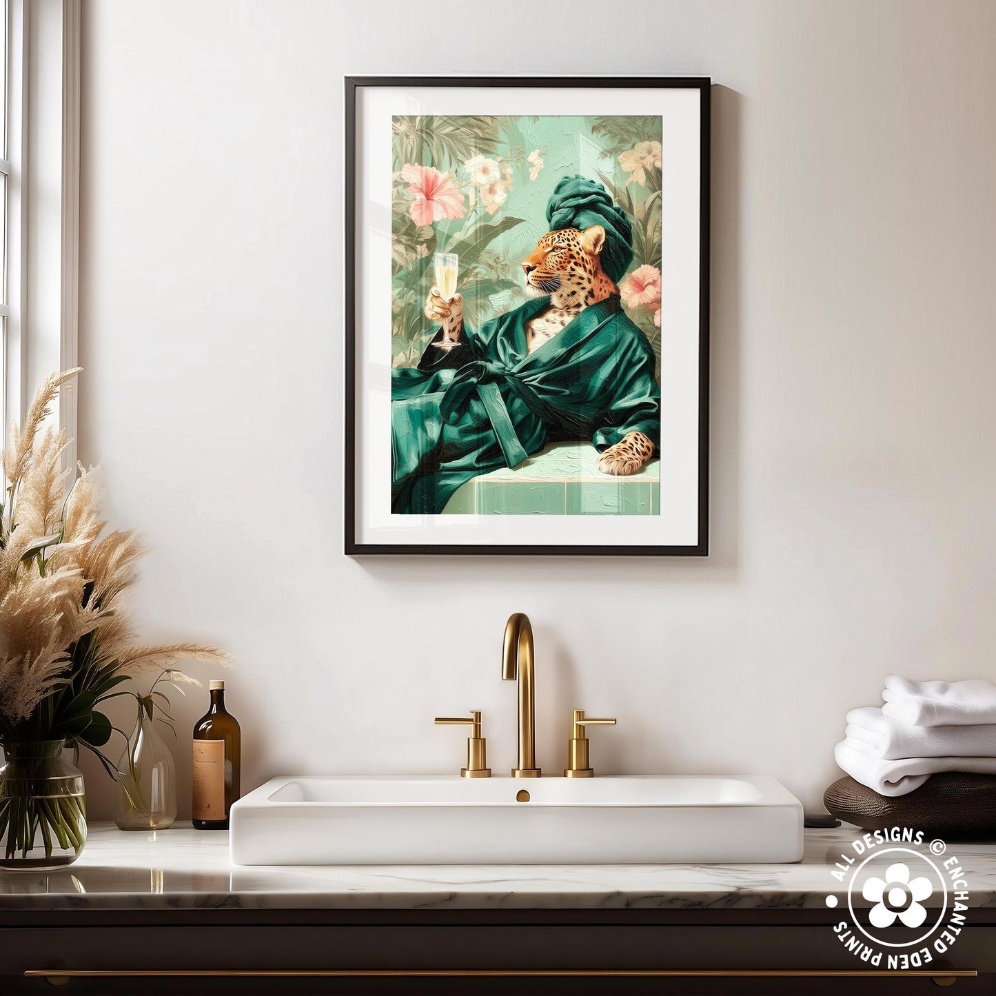 a framed painting of a leopard wearing a green robe and holding a champagne glass, set against a tropical background.
