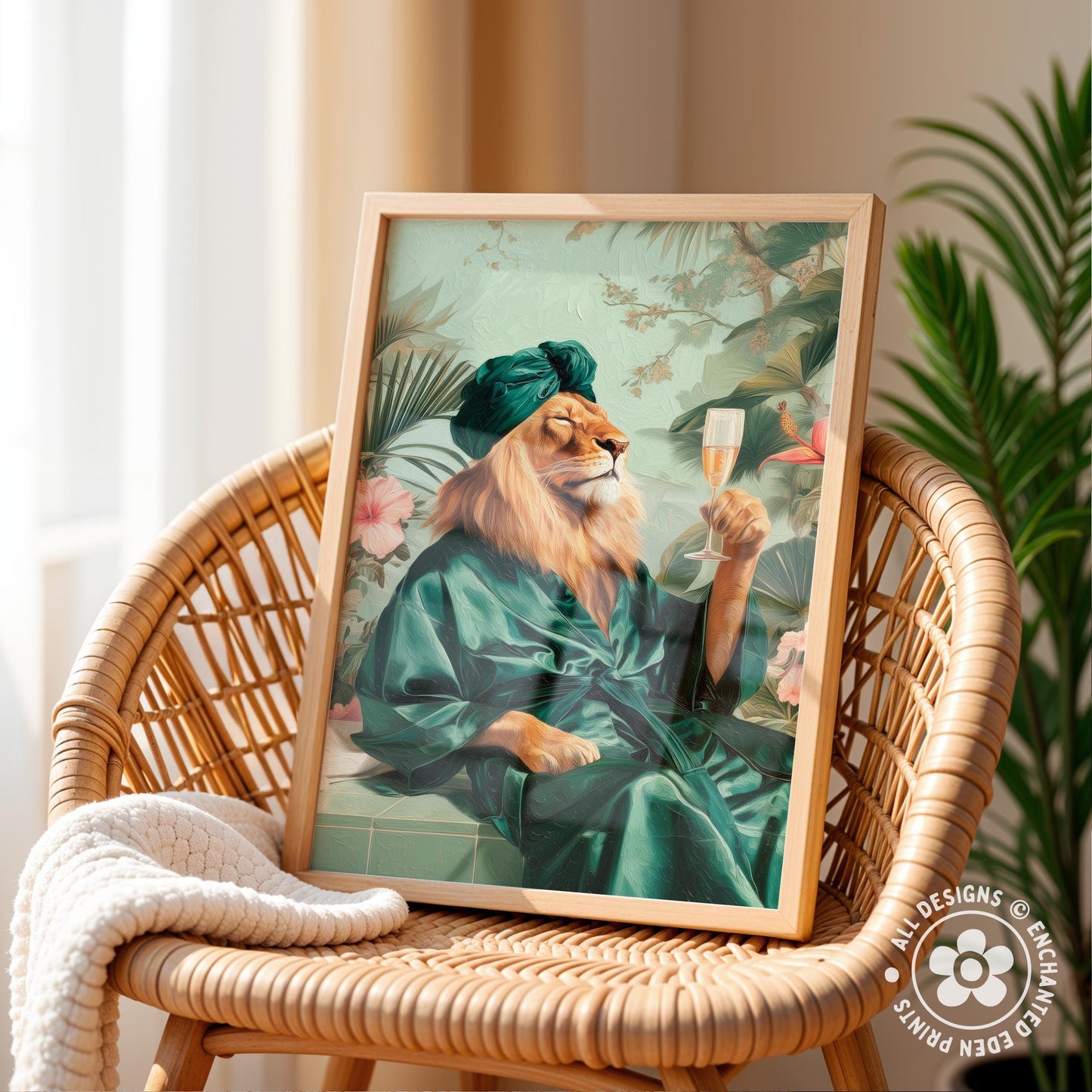A framed painting depicting a lion wearing a green robe and hat, holding a glass of champagne, sitting on a woven chair.