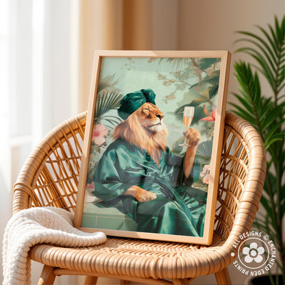 A framed painting depicting a lion wearing a green robe and hat, holding a glass of champagne, sitting on a woven chair.