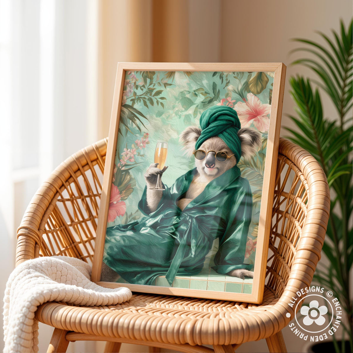A framed print of a koala wearing a green robe and holding a glass of champagne, set against a tropical floral background.