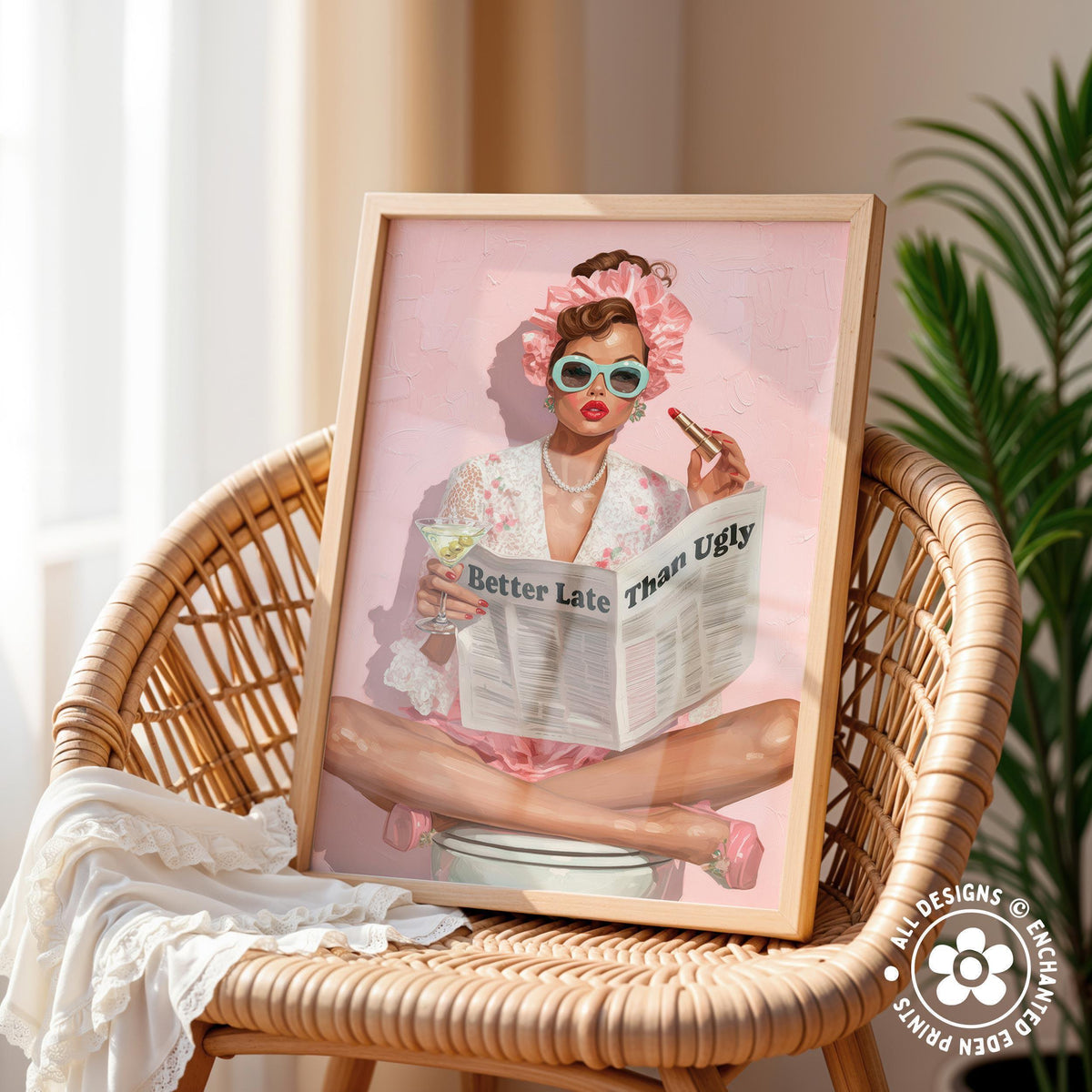 Retro Coquette Wall Art – 1950s “Better Late Than Ugly” Quote Print