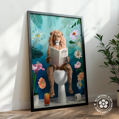 A lion is sitting on a toilet and reading a newspaper, surrounded by flowers and plants in a colorful, whimsical scene.