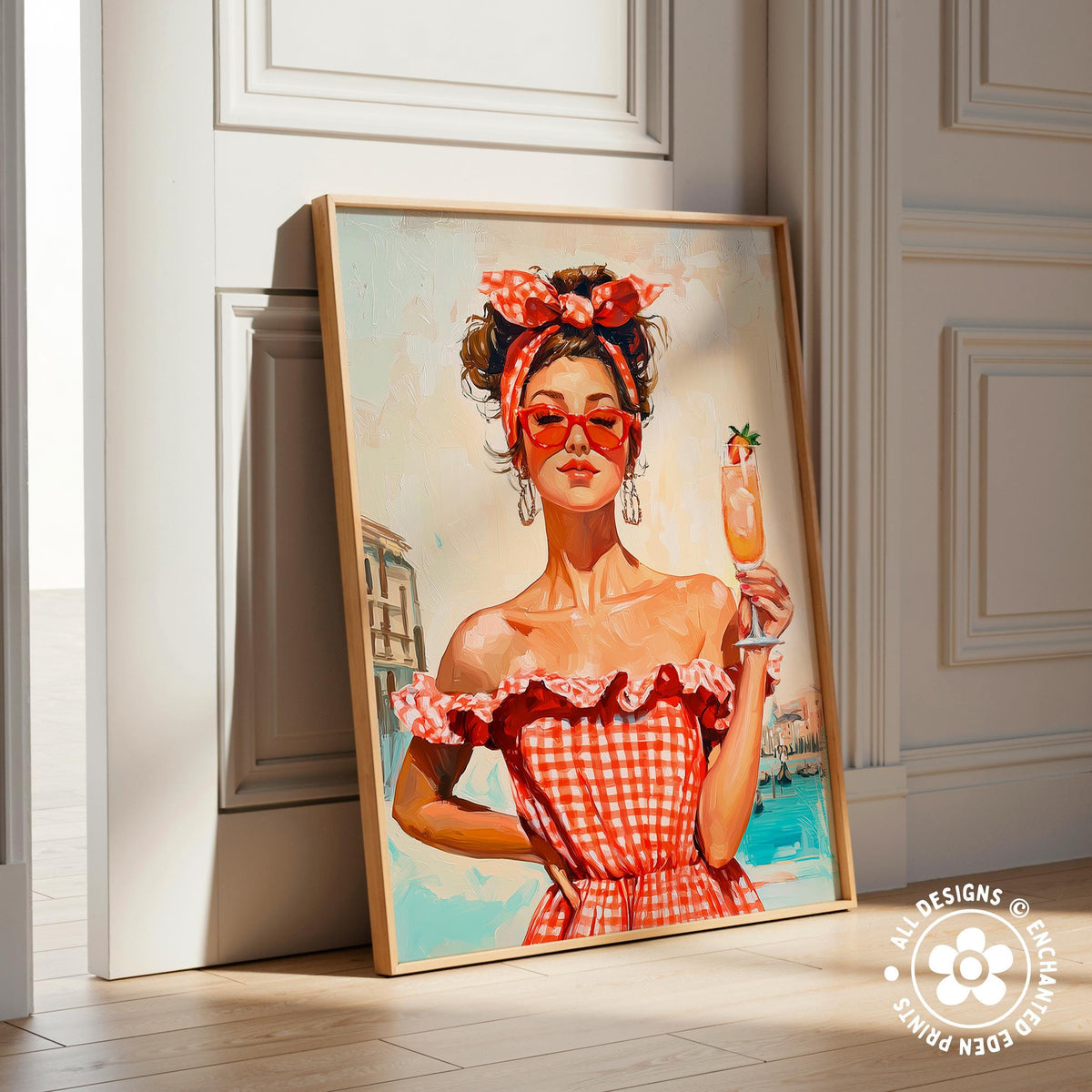 A framed painting depicting a woman in a red and white checkered dress holding a drink, standing in front of a white door.