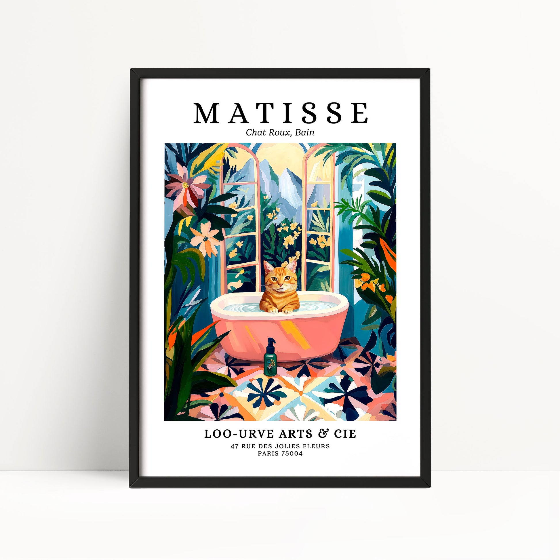 The image is a framed poster featuring an illustration of a cat sitting in a bathtub surrounded by tropical plants and flowers.