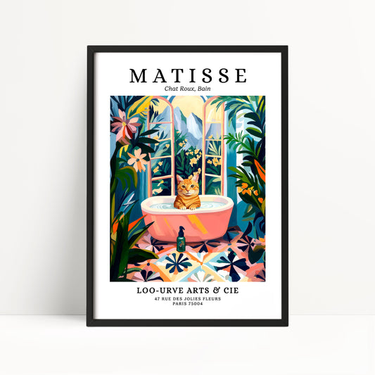The image is a framed poster featuring an illustration of a cat sitting in a bathtub surrounded by tropical plants and flowers.