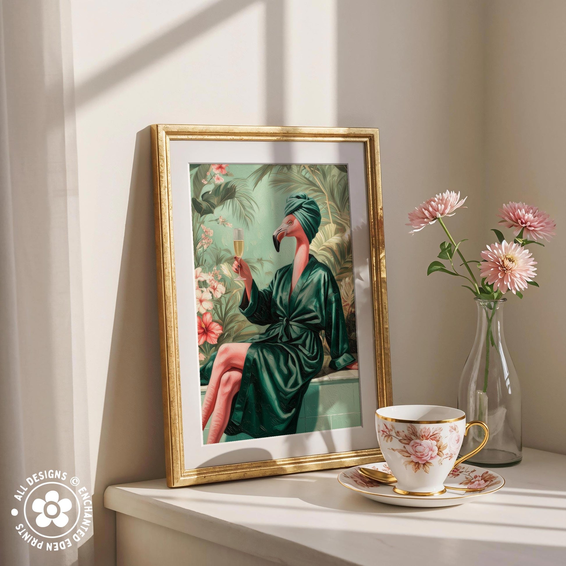 a framed painting of a woman in a green bathrobe holding a glass of wine, surrounded by pink flowers and a vase of pink flowers on a white shelf.