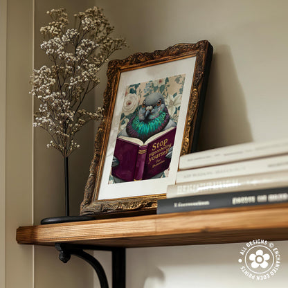 Funny Pigeon Reading Book Art – Quirky Bird Lover Wall Decor