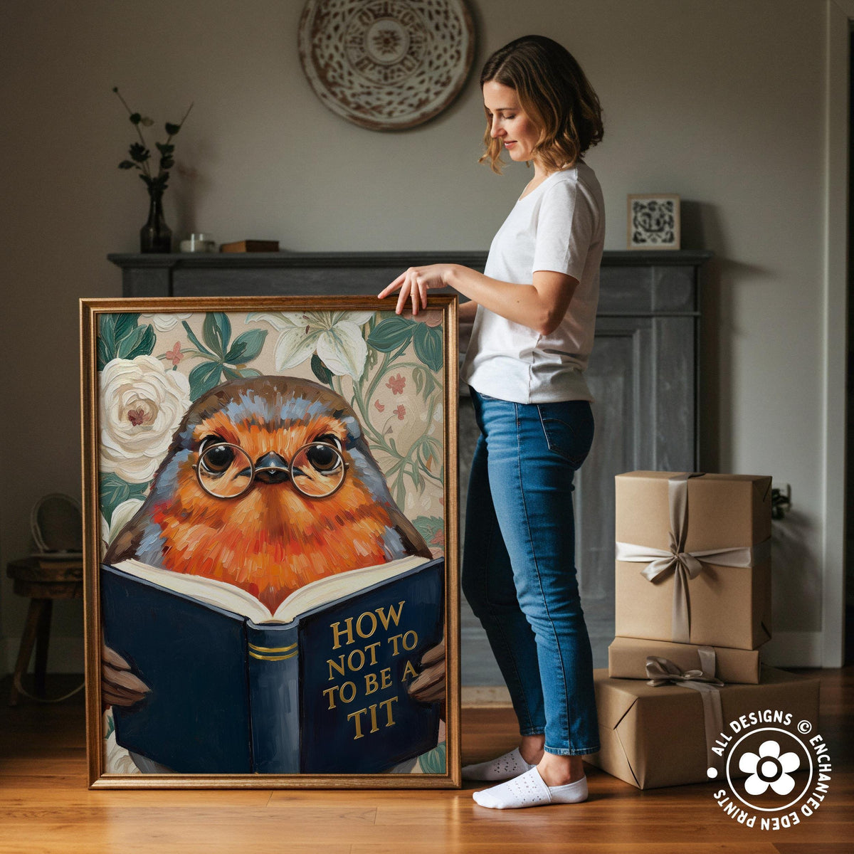 Funny Robin Reading Book Art – Quirky Bird Lover Wall Decor