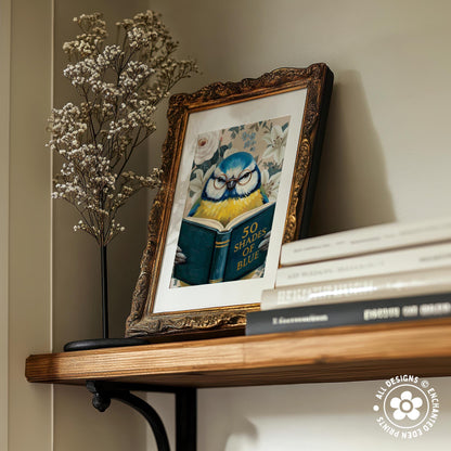 Funny Blue Tit Reading Book Art – Quirky Bird Lover Wall Decor