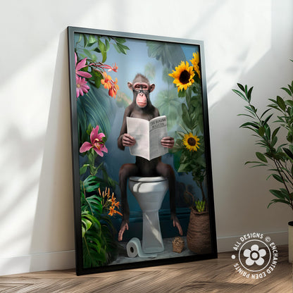 A monkey sitting on a toilet and reading a newspaper, surrounded by flowers and plants, in a colorful and whimsical setting.