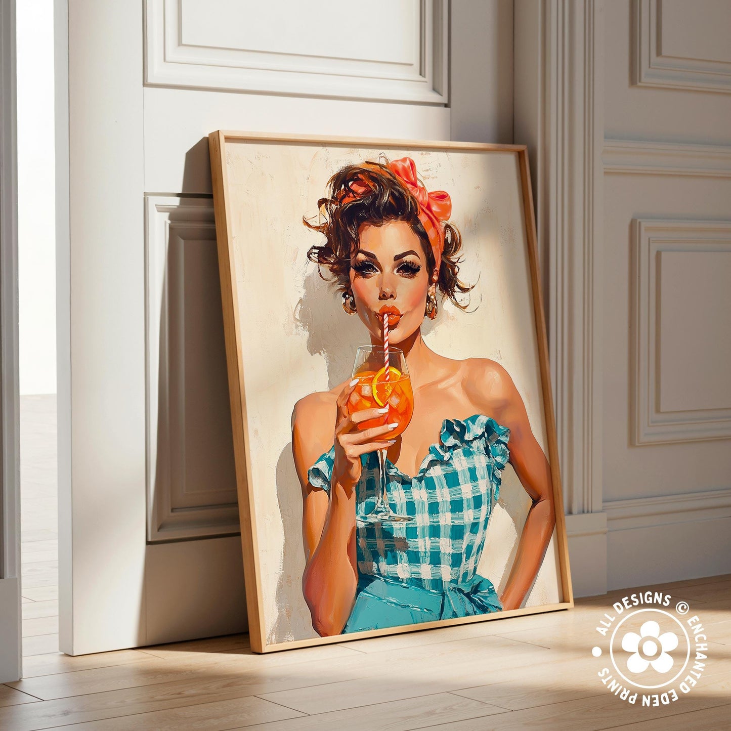 A framed painting of a woman in a blue and white checkered dress holding a glass of orange juice.