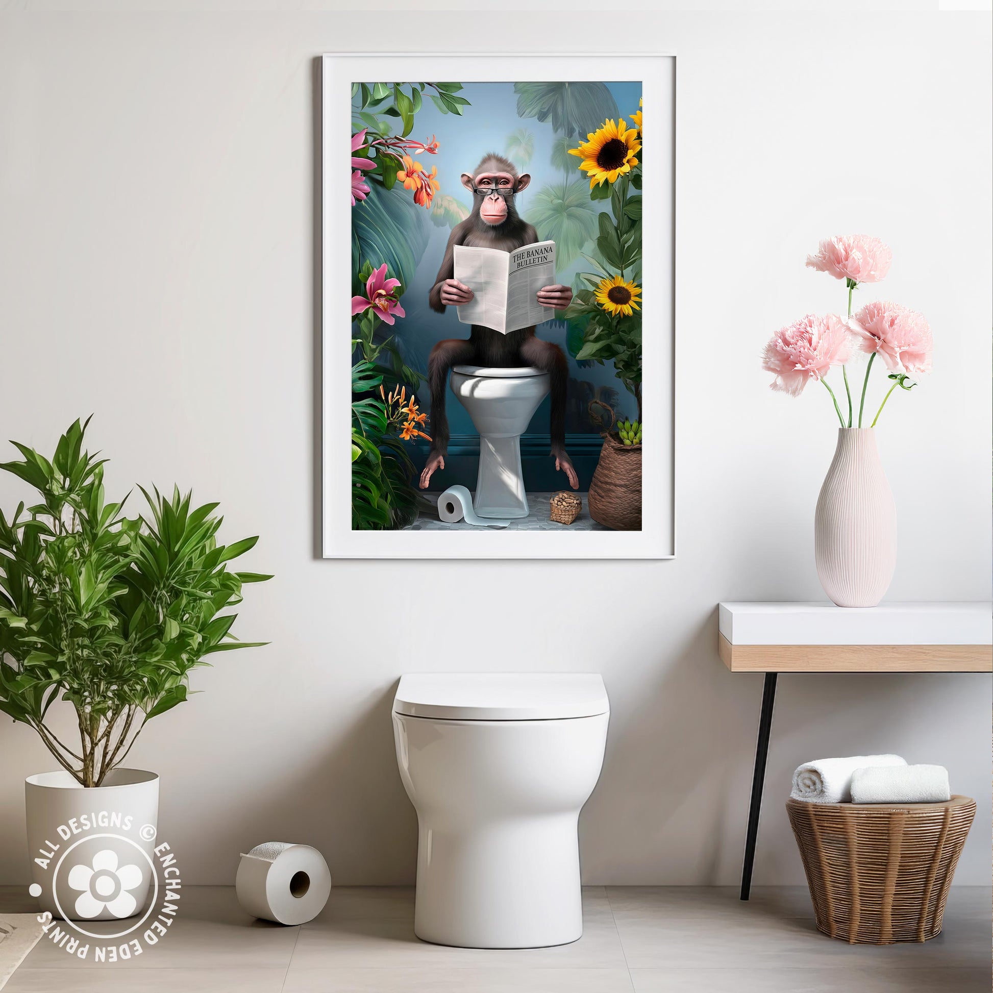 a humorous and whimsical scene of a monkey sitting on a toilet and reading a newspaper, surrounded by tropical plants and flowers.