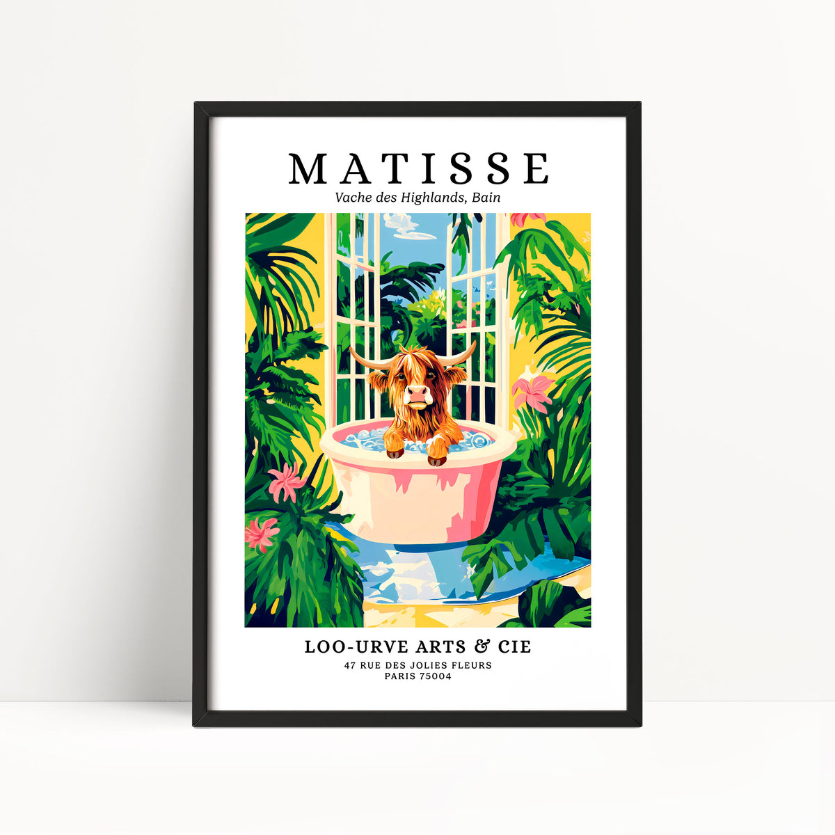 The image is a framed poster featuring a colorful illustration of a cow sitting in a pink basin surrounded by tropical foliage, with a window in the background.