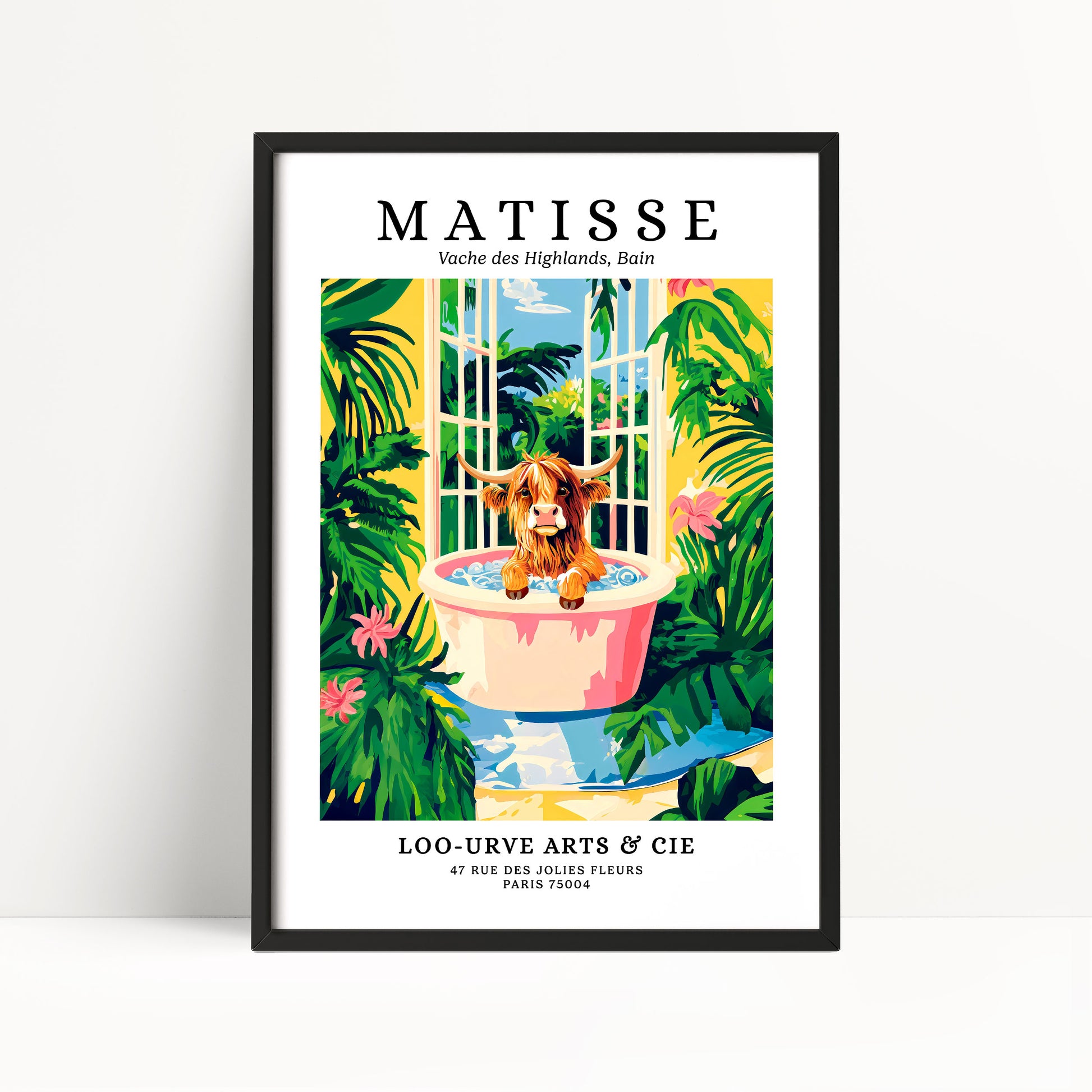 The image is a framed poster featuring a colorful illustration of a cow sitting in a pink basin surrounded by tropical foliage, with a window in the background.