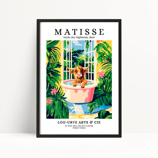 The image is a framed poster featuring a colorful illustration of a cow sitting in a pink basin surrounded by tropical foliage, with a window in the background.