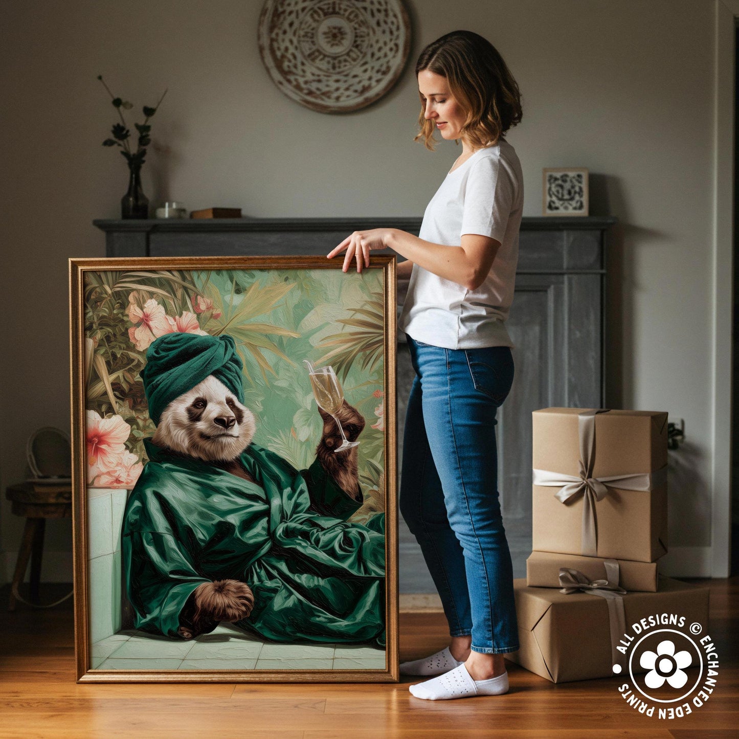 A woman stands next to a large painting of a panda wearing a green robe and holding a book, with a wooden cabinet and other items in the background.