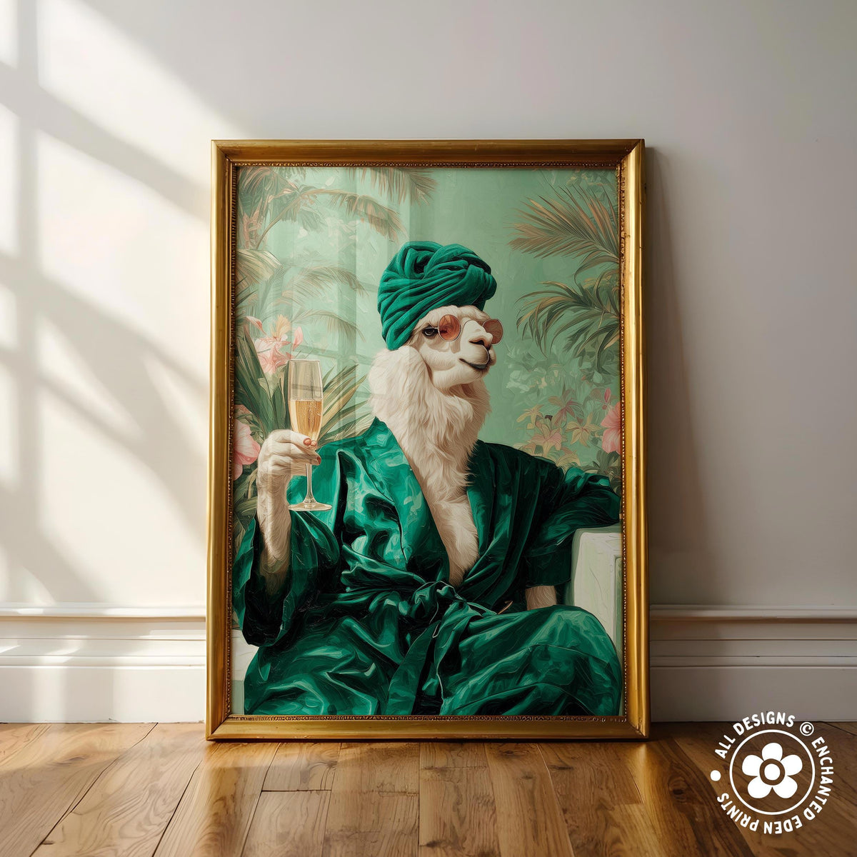 A framed painting depicting a white llama wearing a green robe and turban, holding a glass of champagne, with a tropical background.