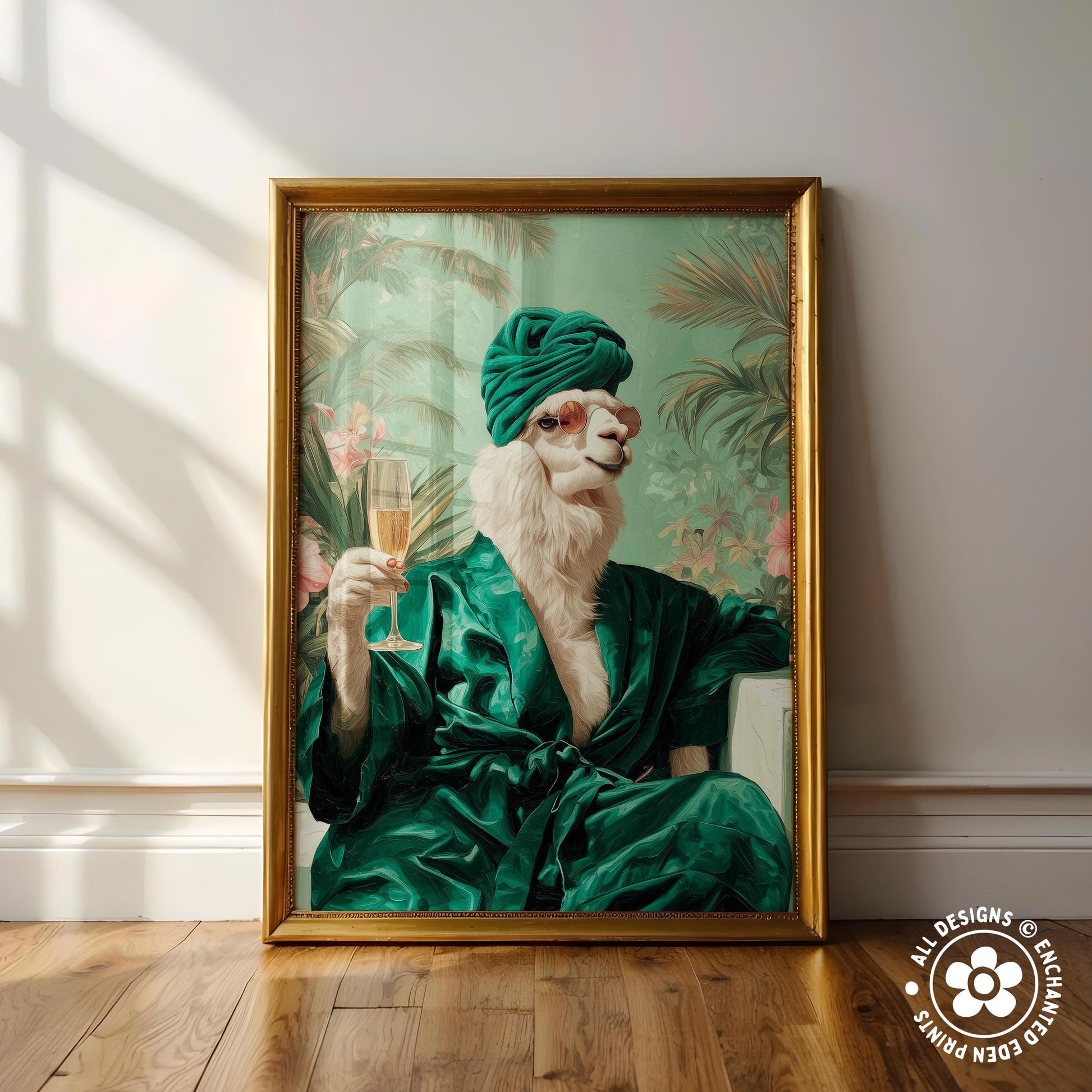 A framed painting depicting a white llama wearing a green robe and turban, holding a glass of champagne, with a tropical background.