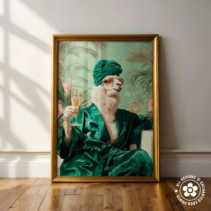 A framed painting depicting a white llama wearing a green robe and turban, holding a glass of champagne, with a tropical background.