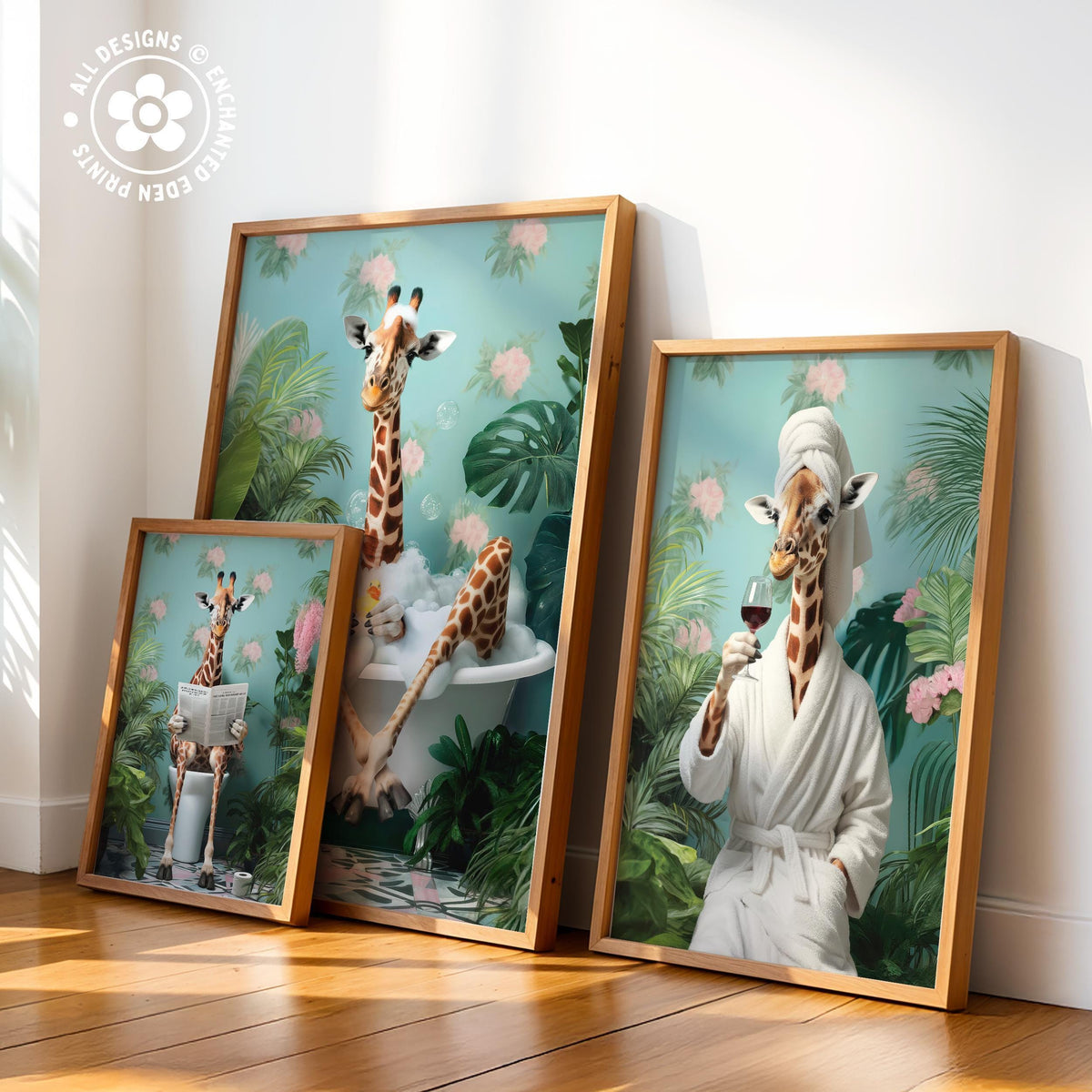 Funny Giraffe in Robe Poster – Tropical Bathroom Wall Art