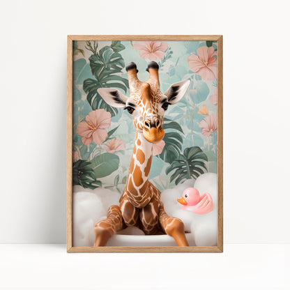 A giraffe sitting in a bathtub with a rubber duck, surrounded by a floral background.