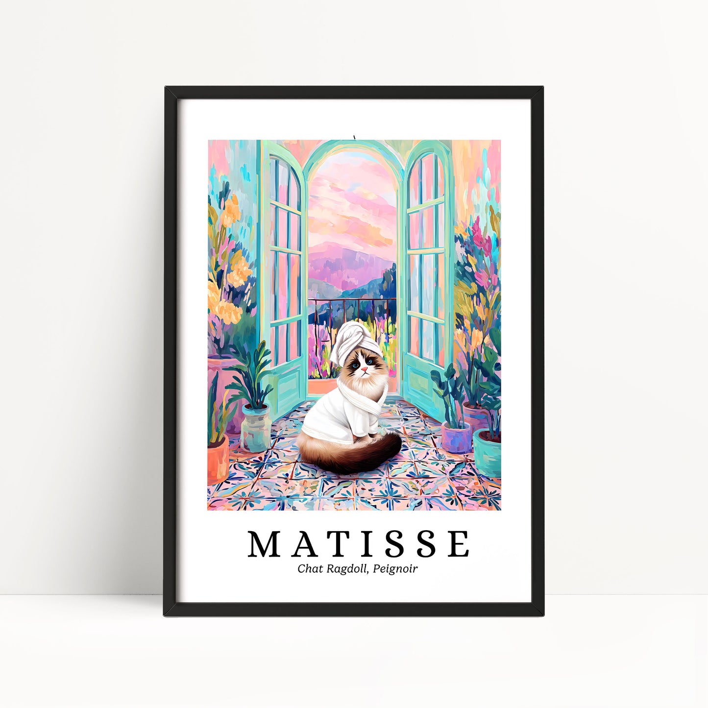 A framed poster featuring a cat sitting on a colorful, patterned floor in front of a window with a view of a garden.