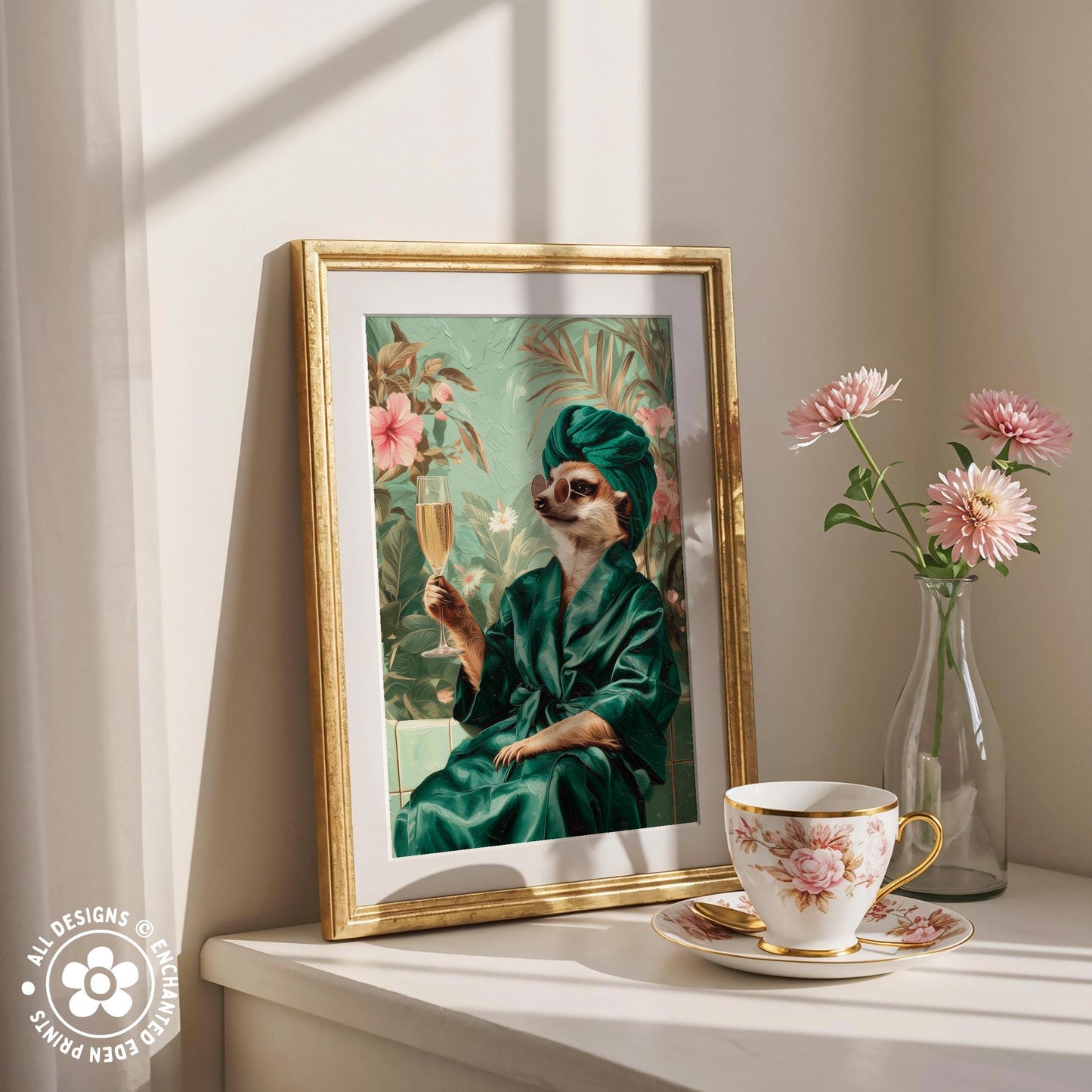 a framed painting of a cat wearing a green robe and holding a glass of wine, placed on a white shelf next to a vase of pink flowers and a cup of tea.