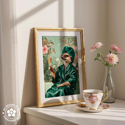 a framed painting of a cat wearing a green robe and holding a glass of wine, placed on a white shelf next to a vase of pink flowers and a cup of tea.