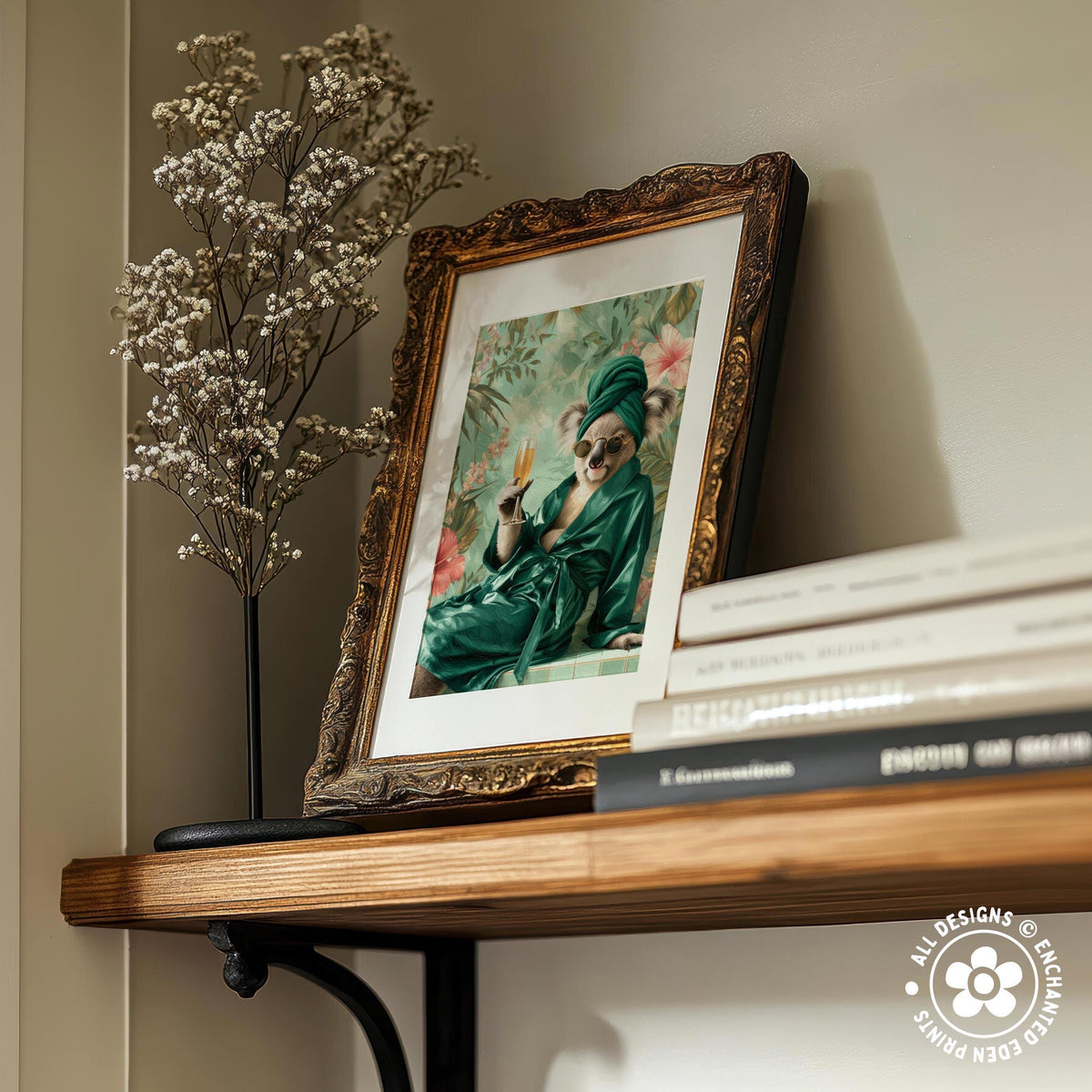 a wooden shelf with a framed picture of a woman in a green dress, a vase of white flowers, and a stack of books.