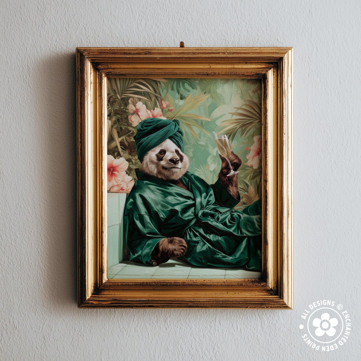 A panda wearing a green robe and turban is sitting on a bench in a tropical setting, surrounded by flowers and plants.