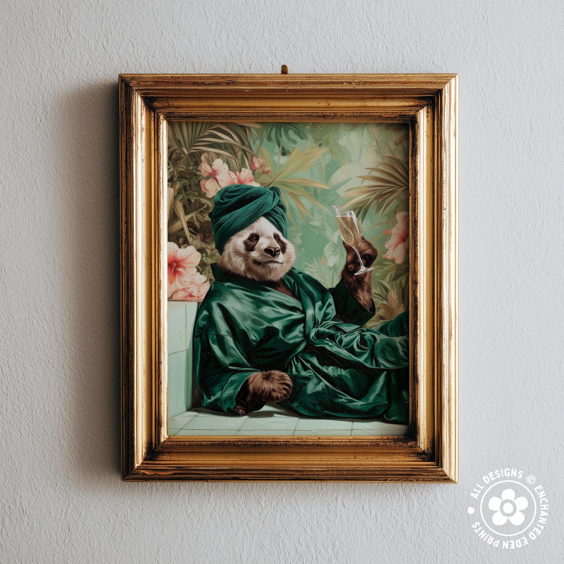 A panda wearing a green robe and turban is sitting on a bench in a tropical setting, surrounded by flowers and plants.