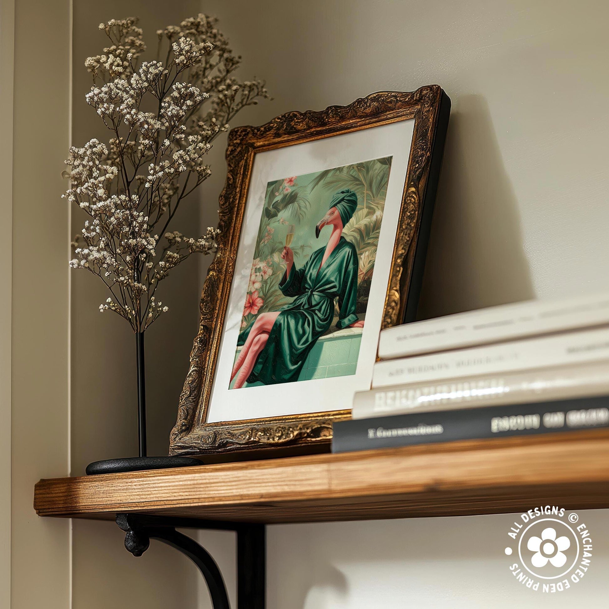 a wooden shelf with a framed painting of a woman in a green robe, a vase of white flowers, and a stack of books.