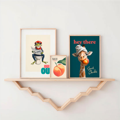 a shelf with a couple of pictures on it