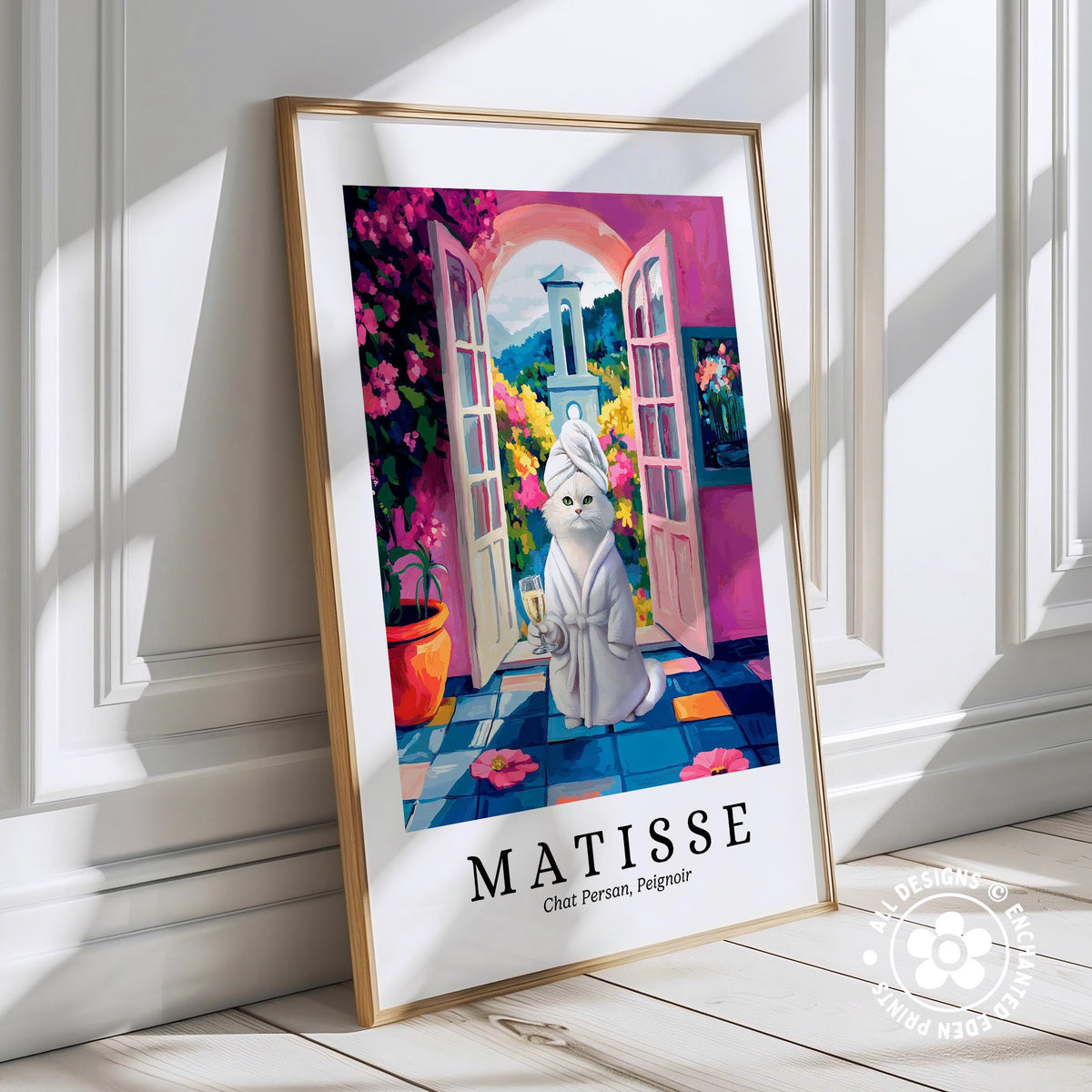 The image is a framed poster featuring a whimsical illustration of a cat wearing a bathrobe and holding a vase of flowers, standing in a doorway with a colorful archway and flowers in the background.