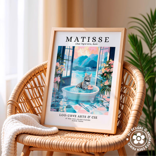 A framed print of a painting depicting a cat sitting in a bathtub, surrounded by flowers and a scenic landscape.