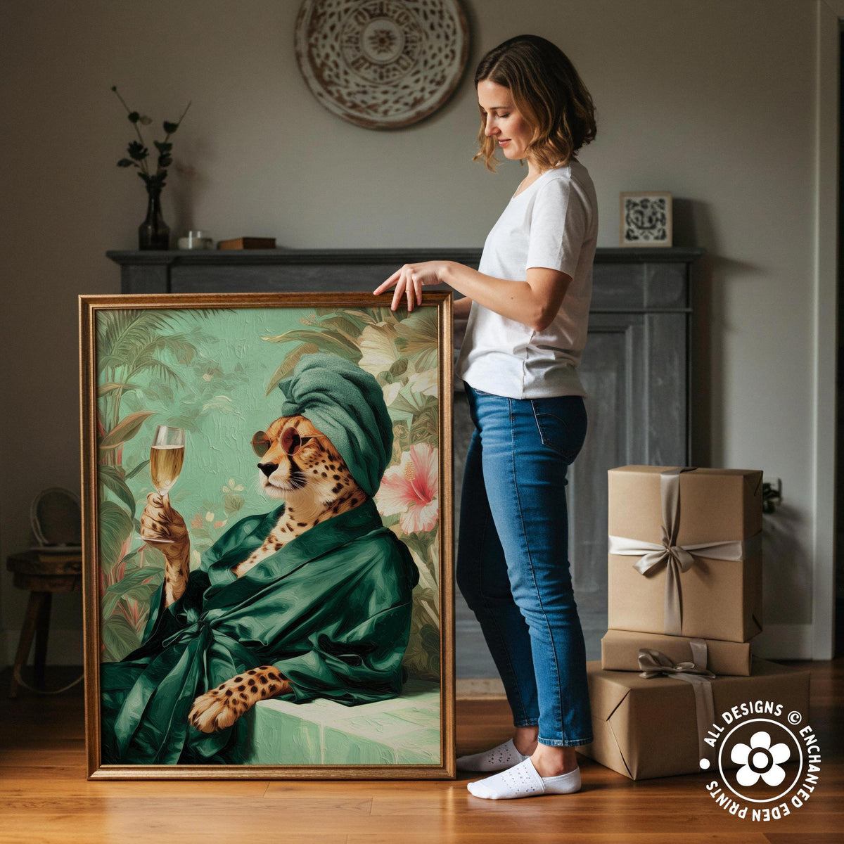 A woman stands next to a large painting of a cheetah wearing a green robe and holding a glass of wine, with a wooden cabinet and other items in the background.