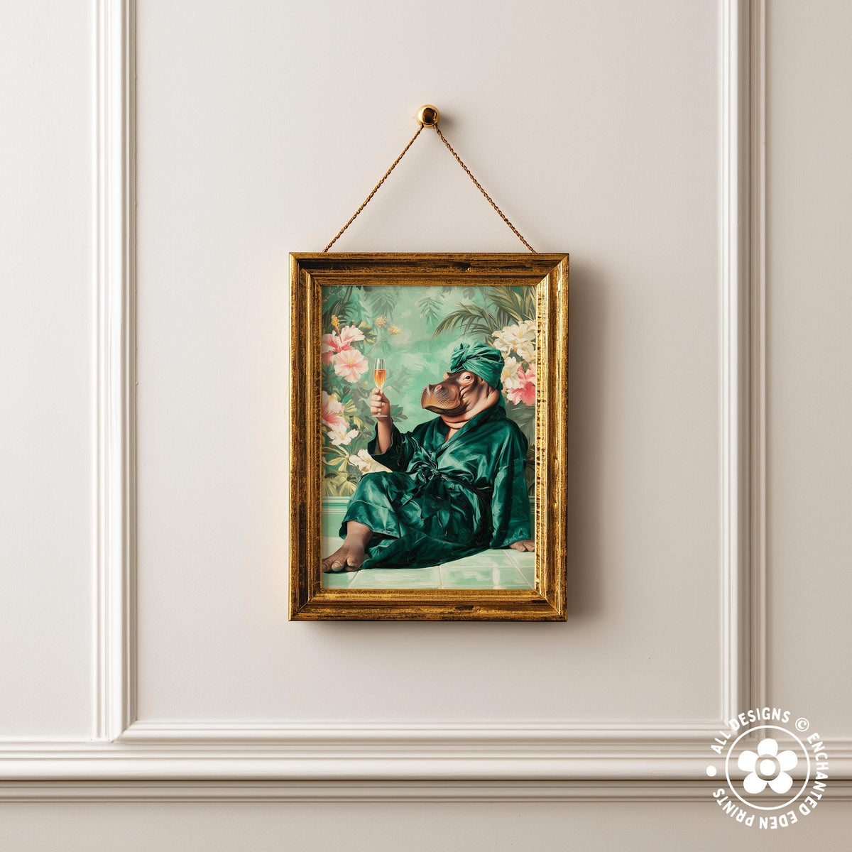 a framed painting of a person in a green robe holding a flower, hanging on a white wall.