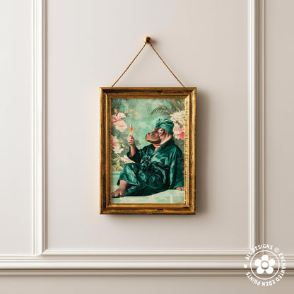 a framed painting of a person in a green robe holding a flower, hanging on a white wall.