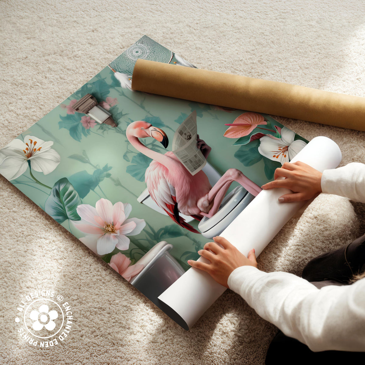 A person is unfolding a large roll of paper with a vibrant, colorful print featuring a pink flamingo sitting on a toilet surrounded by flowers.