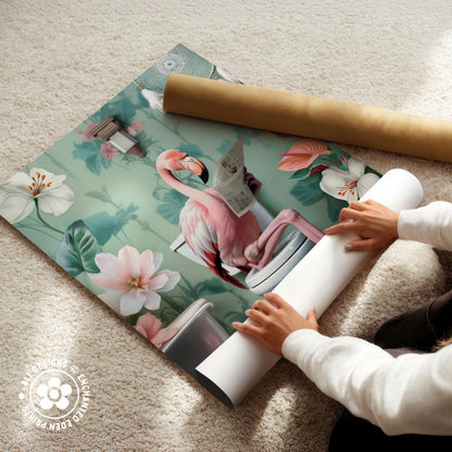 A person is unfolding a large roll of paper with a vibrant, colorful print featuring a pink flamingo sitting on a toilet surrounded by flowers.