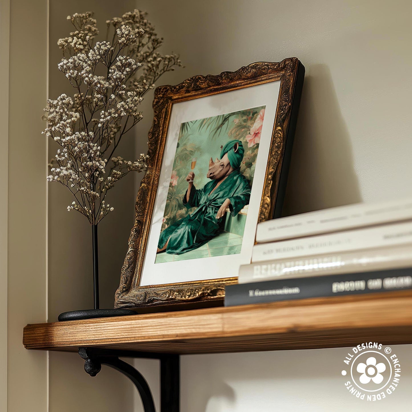 a wooden shelf with a framed picture of a person in a green robe, a vase of white flowers, and a stack of books.